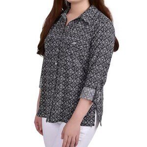 NY Collection 3/4 Sleeve Notch Collar Blouse - Black & White Geo LP NWT